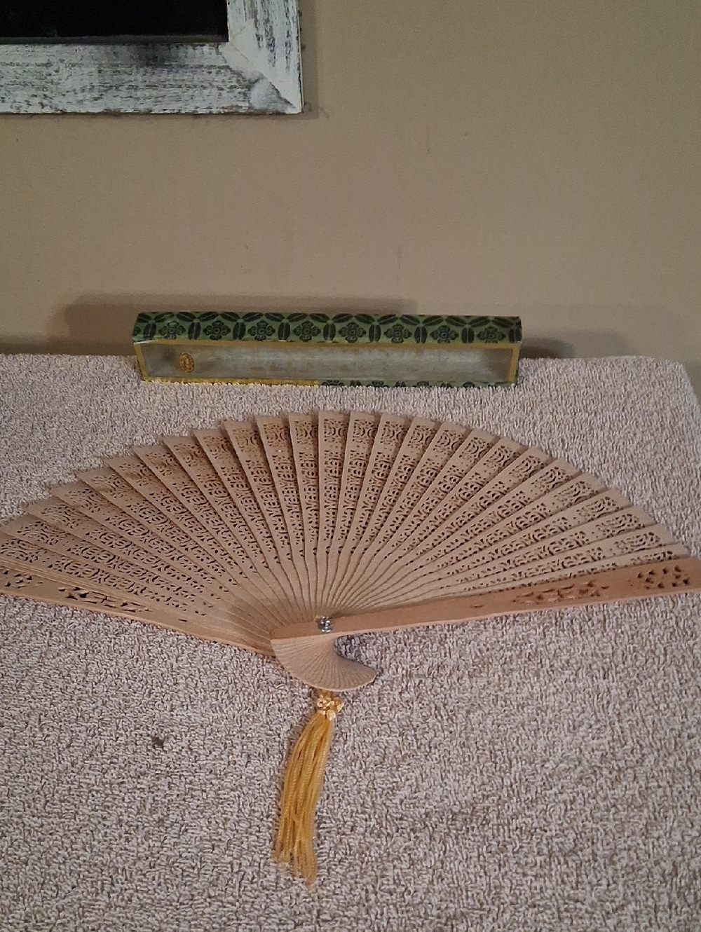 Handheld Wooden Folding Fan with Tassel - Beige